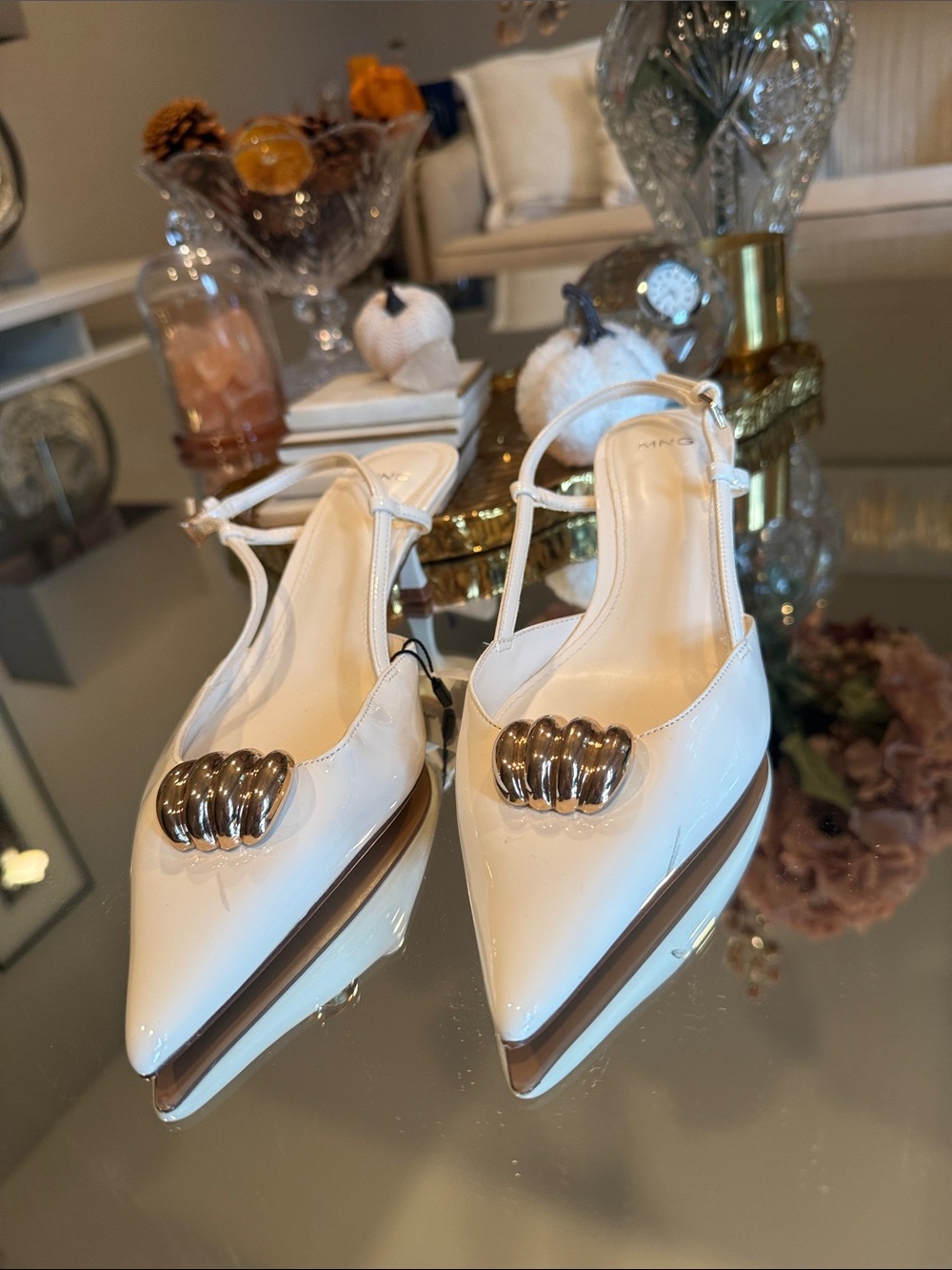 MNG cream Patent Pointed-Toe Slingback heeled with Metallic Accent